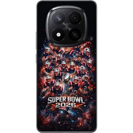 Yhteensopiva Puhelinkuori Xiaomi Redmi Note 14 Pro+ Super Bowl 2026 juliste, jossa New England Patriots ja NFL-mestaruuspalkinto räjähtävän urheilulli