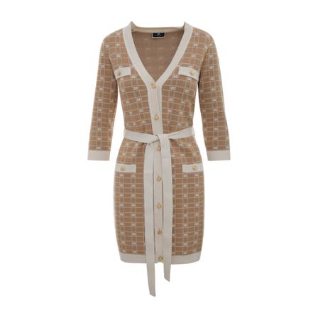 Elisabetta Franchi, 3/4 Sleeve V Neck Dress Beige, Dames, Maat:M,elastaan