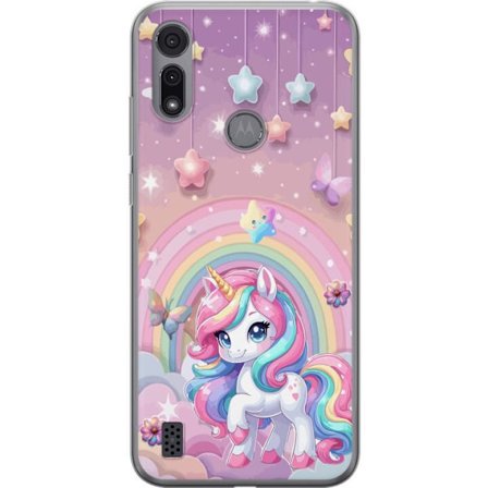 Kompatibelt Mobildeksel til Motorola Moto E6i Magisk enhjørning med regnbue manke, stjerner og sommerfugler mot en pastellhimmel med skyer