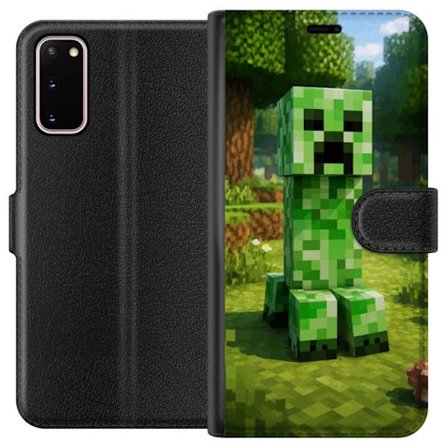 Kompatibelt Plånboksfodral till Samsung Galaxy S20 Block-baserad Creeper-figur i en grön pixell värld, ikonisk spelillustration för barnrum, gamer