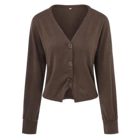 Bomulls Cardigan for Dame med V-hals, Løstsittende, Ensfarget, Casual Design, 15 Farger Brown XL