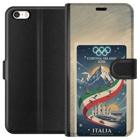 Yhteensopiva Lompakkokotelo Apple iPhone 5s Mäkihyppykuvitus, jossa hiihtäjä tähtää kiväärillä lumisella radalla, teksti Milano Cortina 2026 ja olympi