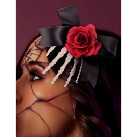 Halloween Hårklemmer Skelet Hænder med Rød Blomst Sort Satinbånd Fantastiske Halloween Hårtilbehør, Rød