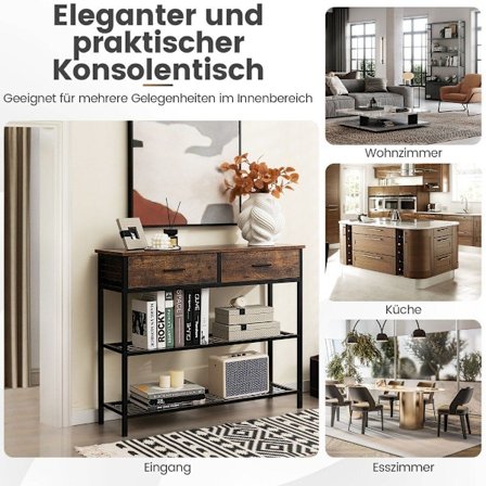 100 cm konsolbord med 2 skuffer 3 plan gangbord lavet af træ sidebord med metalstel rustik brun