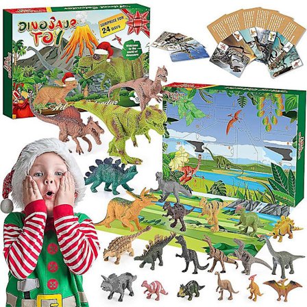 Julklappskalender för småbarn med dinosauriefigurer, 24 dagars nedräkning med överraskningsblindboxar med olika dinosauriefigurer