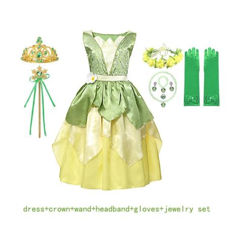 Disney Fancy Girl Tinker Bell Princess Klänning för flickor med vingar Barn Födelsedag Pixie Fairy Cosplay kostym för karnevalsfest 3T Tiana 11pcs 
