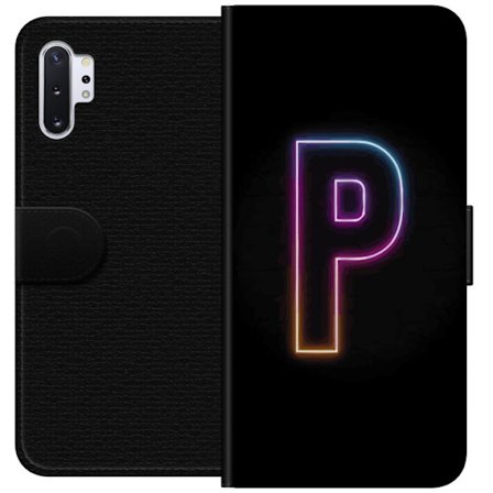 Kompatibel Tegnebogsetui til Samsung Samsung Galaxy Note10+ Minimalistisk neonbogstav P i farvegradient og lyseffekt mod sort baggrund i digital neons