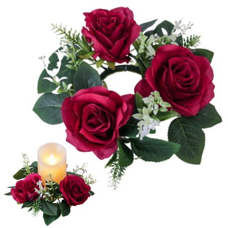 Krans til stearinlys 9 tommer kunstige rosenkrans med grønne eukalyptusblade små stearinlyskrans til søjle bryllupsdekoration hjem rød