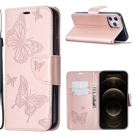 Butterfly iPhone 12 Pro Max nahkakotelo - Ruusukulta