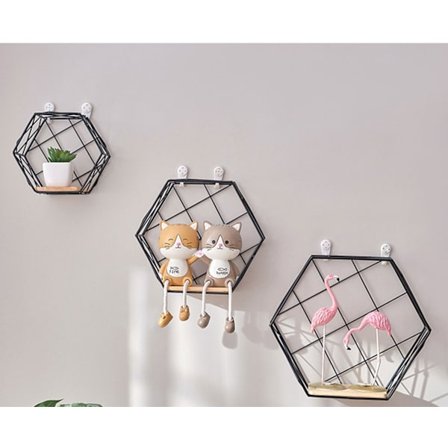 Sett med 3 sekskantede vegghyller laget av metall og trehyller, flytende hyller, veggdekorasjon for stue, soverom, kafé og hotellgang