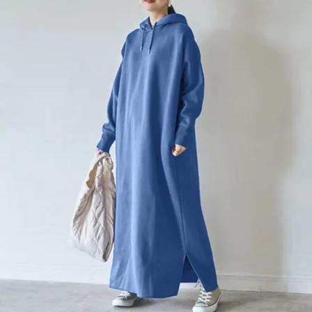 Kvinnor Enfärgad Pullover Fleece Fodrad Sida Slit Hooded Klänningar