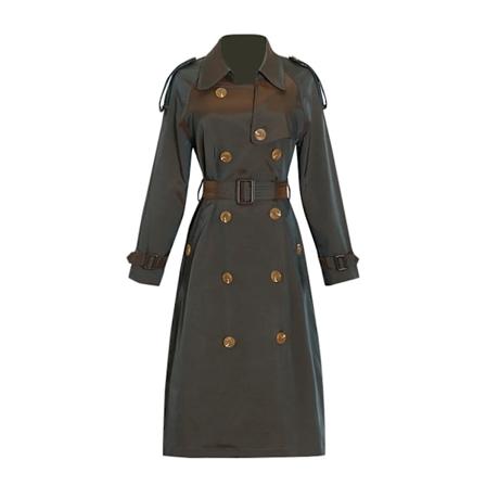 Twotwinstyle Vintage Patchwork Knapp Trench Rock För Kvinnor Lapel Lång Ärm Splittrad Bält Casual Rockar Kvinna Modekläder GREEN M