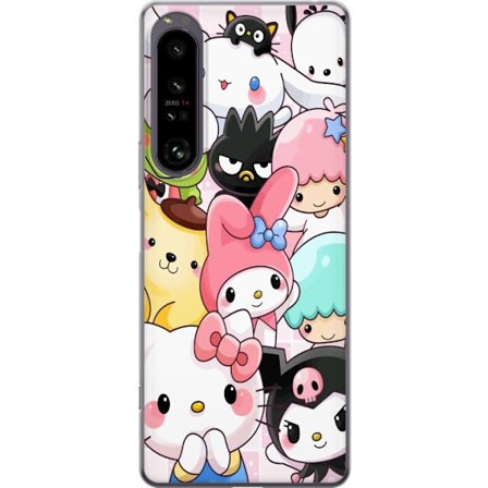 Kompatibelt Mobildeksel til Sony Xperia 1 IV Tett mønster av søte figurer med store øyne i ulike farger og uttrykk med LABUBU-tekst