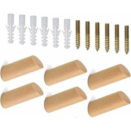 Puinen naulakko, 6 kpl 3*6 luonnonpuinen naulakko, seinäkoukku, puukoukku, puiset seinäkoukut, ruuvikiinnikkeillä, vaatteiden ripustamiseen, Sca