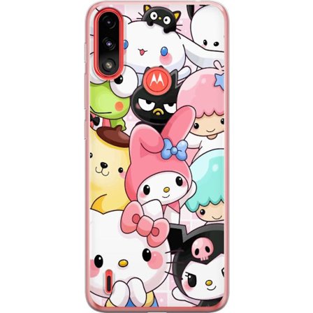 Kompatibelt Mobildeksel til Motorola Moto E7 Power Tett mønster av søte figurer med store øyne i ulike farger og uttrykk med LABUBU-tekst