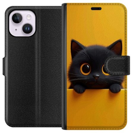 Kompatibel Tegnebogsetui til Apple Apple iPhone 15 Plus Sød sort kat med store øjne på en gul baggrund - minimalistisk og charmerende dyreillustrat