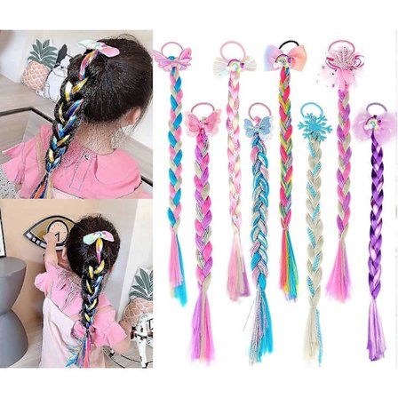 8 kpl Värilliset Letit Hiustenpidennykset Kumilenkeillä Poninhännät Hiusnauhat Sateenkaarenväriset Synteettiset Hiukset Palat Glitter Letitetyt 