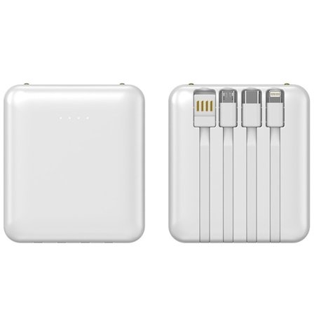 Mini powerbank med inbyggd kabel, stor kapacitet, 20000 mAh snabbladdande powerbank, Vit [Indikatorlampa]