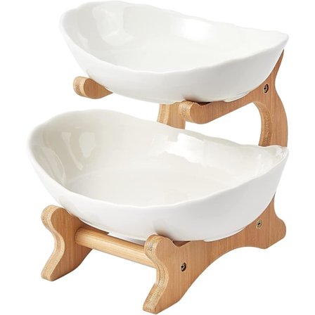 2-lags keramisk fruktskål, med bambustativ, hvit kjøkkenfruktkurv stativ frukt serveringsbrett sett for grønnsakslagring, snacks dessert kake C