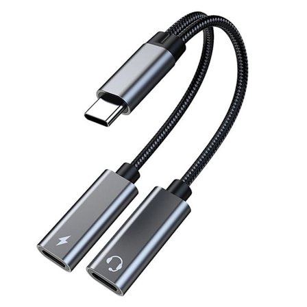 USB-C-splitter, dobbel USB-C-hodetelefoner og ladeadapter med TA2H-R2L60 grå