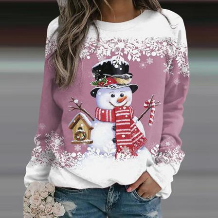 Ladies Snowman Print Skarvad Tunika Blus Crew Neck Pullover