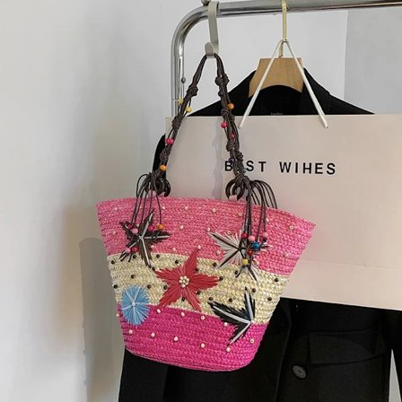 Stråveske for kvinner, stor kapasitet, kurvflettet crossbody-veske, håndvevd sommerstrandveske