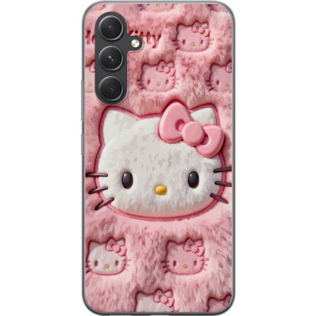 Kompatibelt Mobildeksel til Samsung Galaxy A55 Hello Kitty rosa fluffy bakgrunn med ikoniskt ansikt og kawaii-estetikk