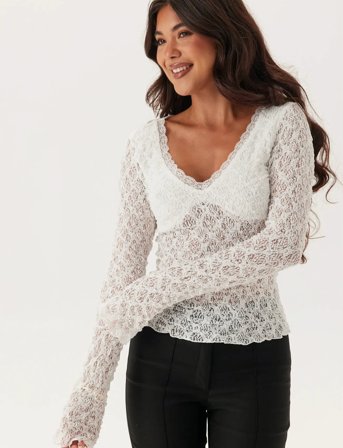 Bubbleroom V-Neck Lace Top - White - S x 54