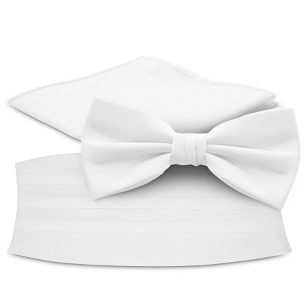 White Pre-Tied Bow Tie, Pocket Square, and Cummerbund Set for Men - Bow Tie Sets