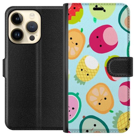 Kompatibel Tegnebogsetui til Apple iPhone 14 Pro Mønster af kawaii frugter som jordbær citron ananas og avocado på lyseblå baggrund