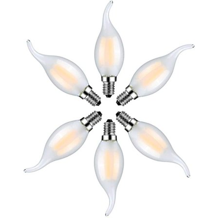 Sæt med 6 LED-flammepærer E14, 4W, Varm hvid, 2700K, Filamentlys til lysekroner, Mat glas