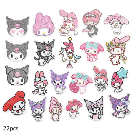22 stk. My Melody Kuromi sy på/stryg på lapper, tegneserie DIY broderet applikation reparation lapper til jakker, jeans, bukser, tøj