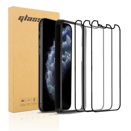 3x Härdat glas skärmskydd för Apple iPhone 11 PRO MAX, transparent med svart härdat glas.