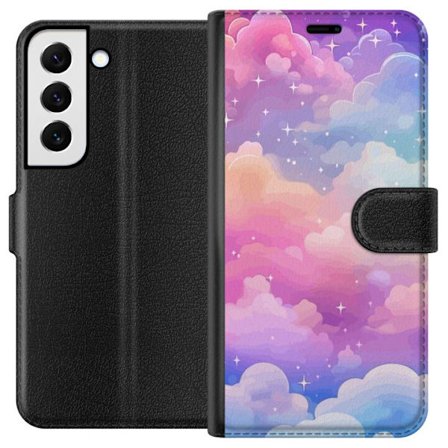 Kompatibelt Lommeboketui til Samsung Galaxy S22+ 5G Søt enhjørning med regnbuefarget hår mot en stjernebelagt pastellbakgrunn i kawaii-stil