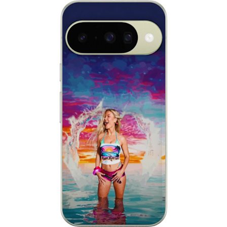 Kompatibel Mobilcover til Google Pixel 10 Blond kvinde i farverigt strandtøj, der leger i havet ved solnedgang