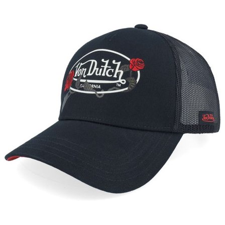Von Dutch - Svart trucker Keps - Screen Print Rose Black A-Frame Trucker @ Hatstore
