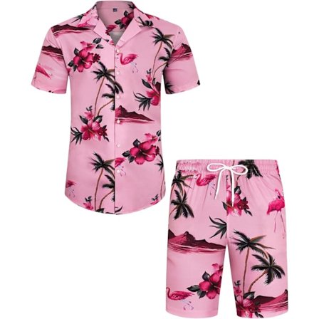 Herr Hawaiian skjorta och shorts set Regular Fit kortärmad casual funky strand flamingo skjorta set S