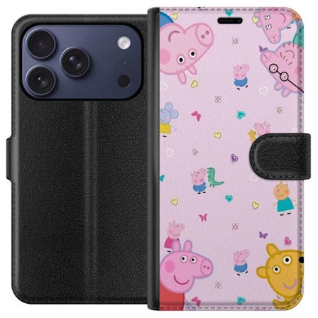 Kompatibelt Lommeboketui til Apple iPhone 17 Pro Peppa Gris med en baby i armene, mamma gris motiv i fargerik og myk barneillustrasjon med hjerter