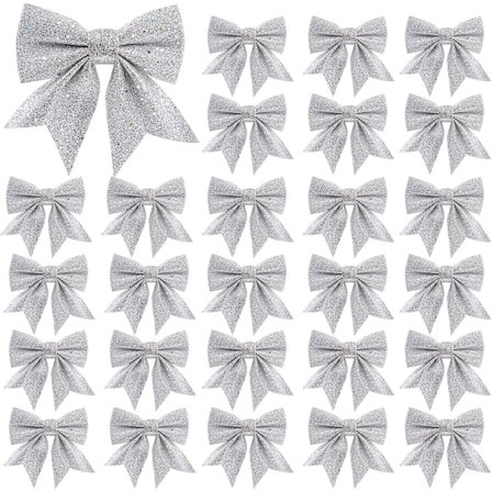 24 st Mini Julbågsdekorationer, 5,5 tum, Röda Sekvensbågar, Små Julgranstoppar med Glitterbågar (silver)