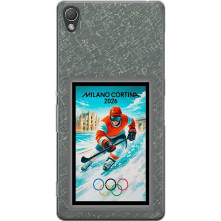 Yhteensopiva Puhelinkuori Sony Xperia Z3 Curlingkuvitus pelaajilla ja kivillä jäällä, Milano Cortina 2026, lumisia roiskeita ja olympiasormukset
