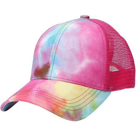 Snabb shopping Dam Tie Dye Peaked Hats med hästsvanshål Sommar Mesh Back Baseball Caps Justerbar Storlek Snapback Solhatt(En Storlek,Hot Pink)