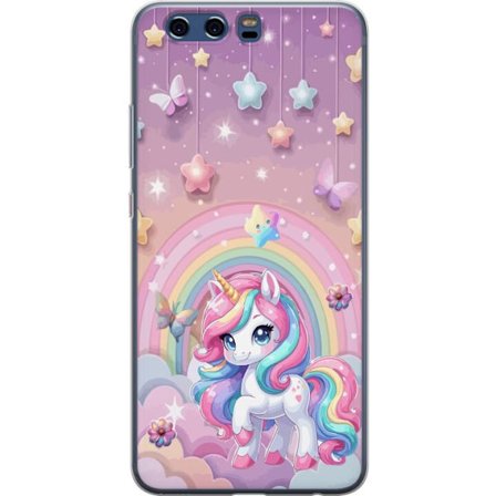 Kompatibel Mobilcover til Huawei P10 Magisk enhjørning med regnbue manke, stjerner og sommerfugle mod en pastelfarvet himmel med skyer