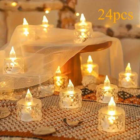 24 stk. LED-telys med krystall-look, batteridrevne flammeløse plastlys, dekorative bordlys for innendørs bruk til jul, Pa [DB]