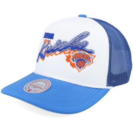 Mitchell & Ness - New York Knicks Shadow Drop White/Blue A-Frame Trucker Blue Cap - NBA @ Hatstore