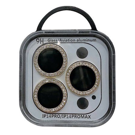 iPhone 14 Pro / 14 Pro Max linsskydd av härdat glas med strass - Guld