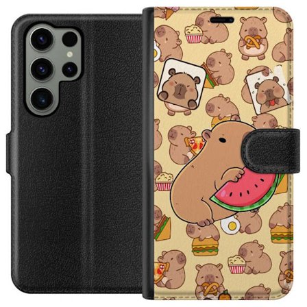 Kompatibelt Plånboksfodral till Samsung Samsung Galaxy S23 Ultra Söt capybaror njuter av vattenmelon pizza och popcorn i en varm och lekfull design