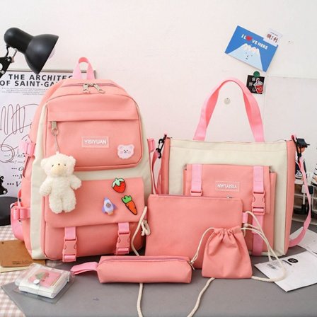 5STK/SÆT Rygsæk Skoletaske PINK