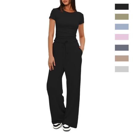 Kvinnors 2-delade outfits Loungeset Kortärmade toppar och byxor med vida ben med hög midja Träningsoverallsset Black S
