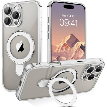iPhone 16 Pro Cover [Kompatibel med Magsafe], Usynlig Ring Stand Klar Bagside Blød TPU Belægning Kant Stødsikker Cover, Sølv