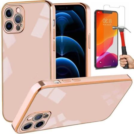 Cover til iPhone 12 Pro (6,1") Pink Pack 2 Anti-ridse hærdet glas Fashion TPU Guld Border Luksus blød Rosa
